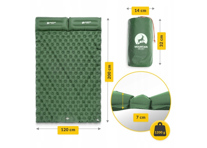Килимок (каримат) надувний Mountain Goat 200 x 120 x 7 см двомісний з вбудованим насососм Navy Green (P-5905973403573)