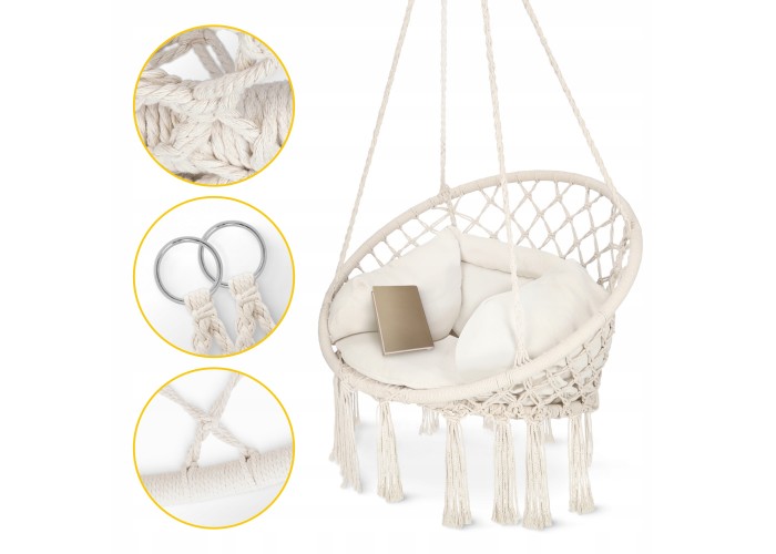 Крісло-гойдалка 4FIZJO Boho Dream 80 см з подушкою, підвісна, плетена Beige (P-5905973404549)