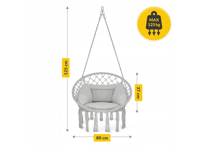 Крісло-гойдалка 4FIZJO Boho Dream 80 см з подушкою, підвісна, плетена Grey (P-5905973404532)