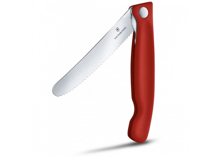 Кухонный нож Victorinox SwissClassic Foldable Paring 11см закругл.нос, волн. с крас. ручкой (блистер)
