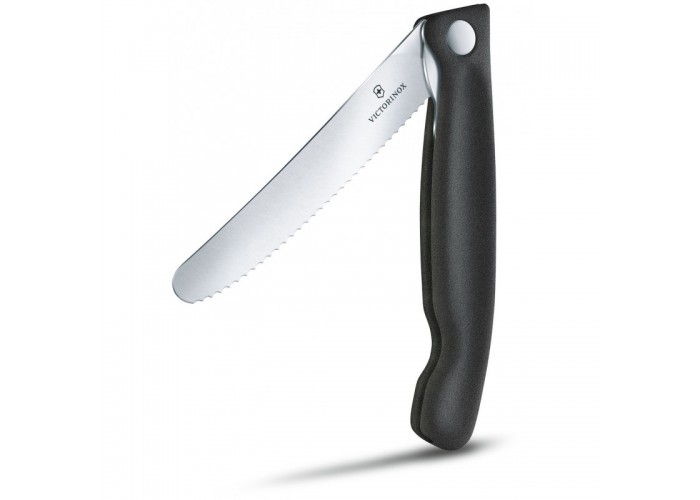 Кухонный нож Victorinox SwissClassic Foldable Paring 11см закругл.нос, волн. с черн. ручкой (блистер)