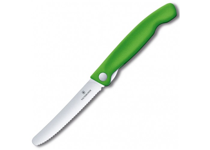 Кухонный нож Victorinox SwissClassic Foldable Paring 11см закругл.нос, волн. с зел. ручкой (блистер)