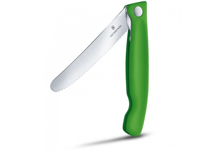 Кухонный нож Victorinox SwissClassic Foldable Paring 11см закругл.нос, волн. с зел. ручкой (блистер)