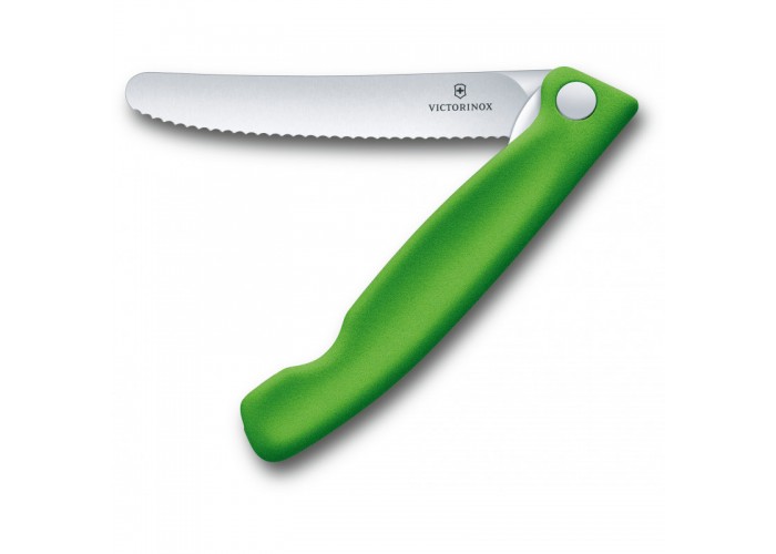 Кухонный нож Victorinox SwissClassic Foldable Paring 11см закругл.нос, волн. с зел. ручкой (блистер)