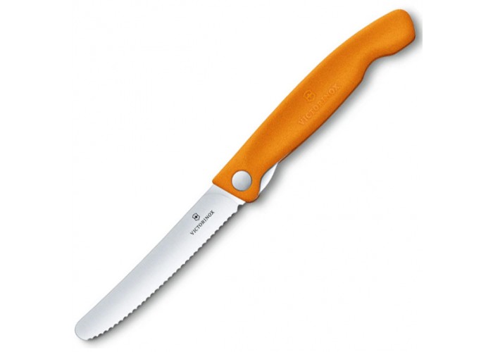 Кухонный нож Victorinox SwissClassic Foldable Paring 11см закругл.нос, волн. с оранж. ручкой (блистер)