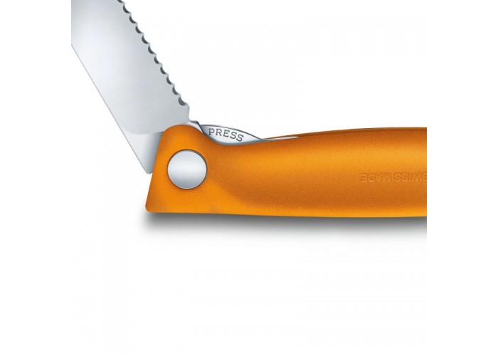 Кухонный нож Victorinox SwissClassic Foldable Paring 11см закругл.нос, волн. с оранж. ручкой (блистер)