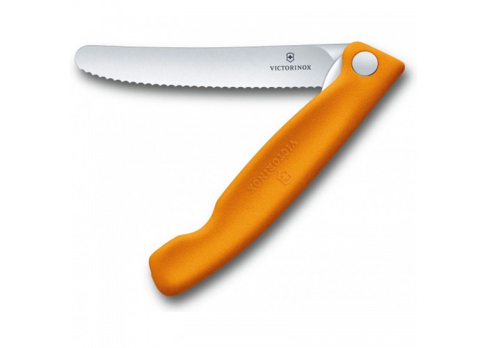 Кухонный нож Victorinox SwissClassic Foldable Paring 11см закругл.нос, волн. с оранж. ручкой (блистер)