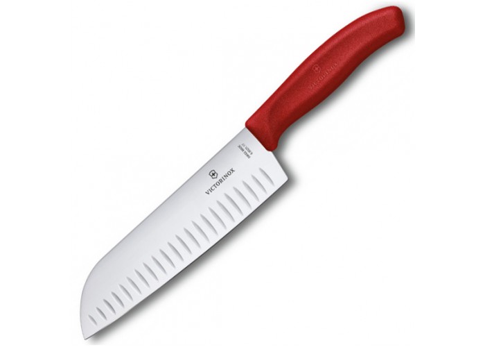 Кухонный нож Victorinox SwissClassic Santoku 17см рифл. с крас. ручкой (блистер)