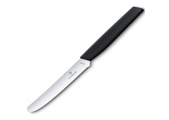 Кухонный нож Victorinox Swiss Modern Tomato&Sausage 11см закругл.нос, волн. с черн. ручкой