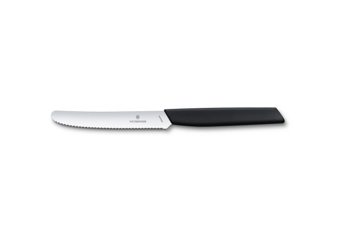 Кухонный нож Victorinox Swiss Modern Tomato&Sausage 11см закругл.нос, волн. с черн. ручкой