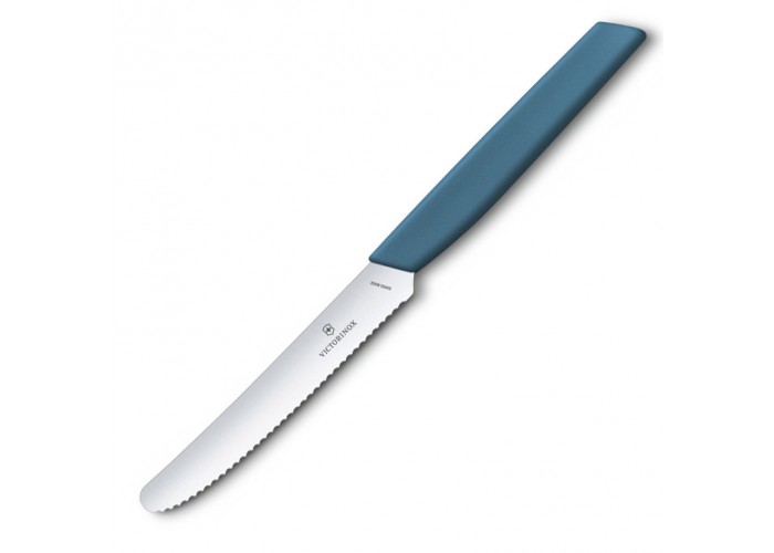 Кухонный нож Victorinox Swiss Modern Tomato&Sausage 11см закругл.нос, волн. с син. ручкой