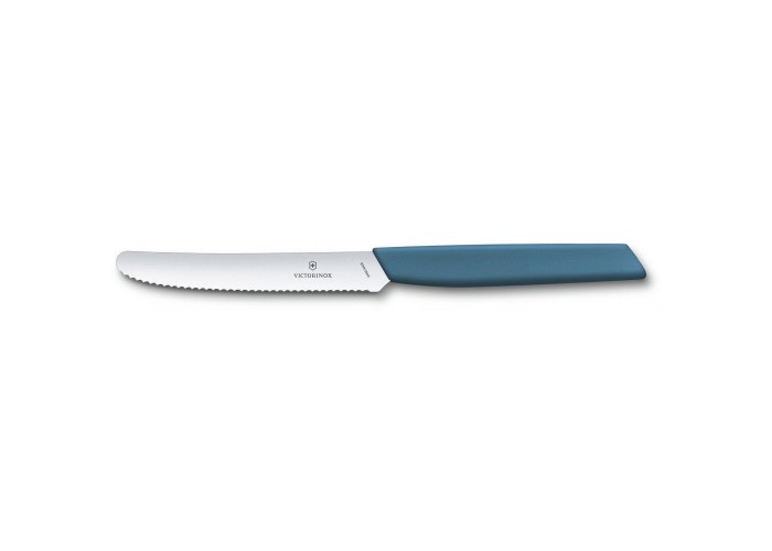 Кухонный нож Victorinox Swiss Modern Tomato&Sausage 11см закругл.нос, волн. с син. ручкой