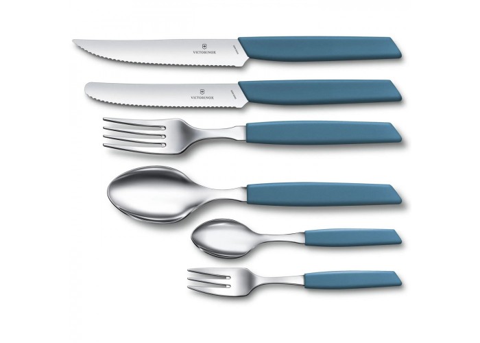 Кухонный нож Victorinox Swiss Modern Tomato&Sausage 11см закругл.нос, волн. с син. ручкой