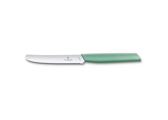 Кухонный нож Victorinox Swiss Modern Tomato&Sausage 11см закругл.нос, волн. с мятн. ручкой