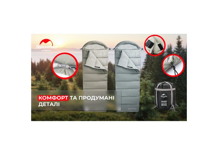 Спальник з капюшоном Naturehike M400 NH20MSD02, (1°C), правий, зелений