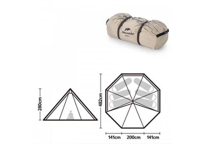 Тент-намет для кемпінгу Naturehike Ranch Pyramid NH20ZP014, 150D, 482*482*280 см, золотий (з п'ятьма стійками)